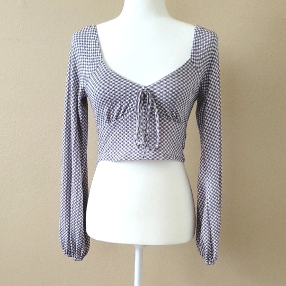 Altar'd State Womens Navy Gingham Puff Sleeve Flare Pant Two Piece Set - Size XS - Picture 2 of 13